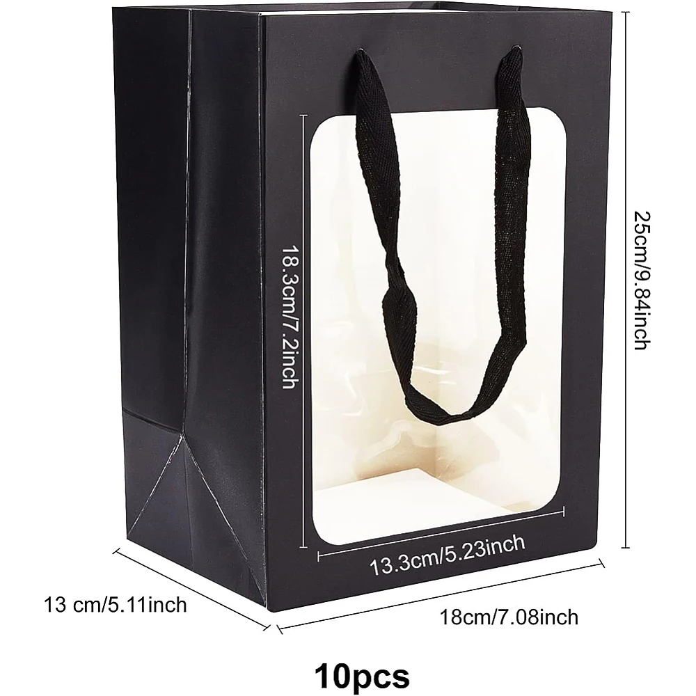 10 Packs Black Kraft Paper Bag with Clear Window 10x7x5 Gift Bags with Handle for Valentine's Day Proposal Gift Packing