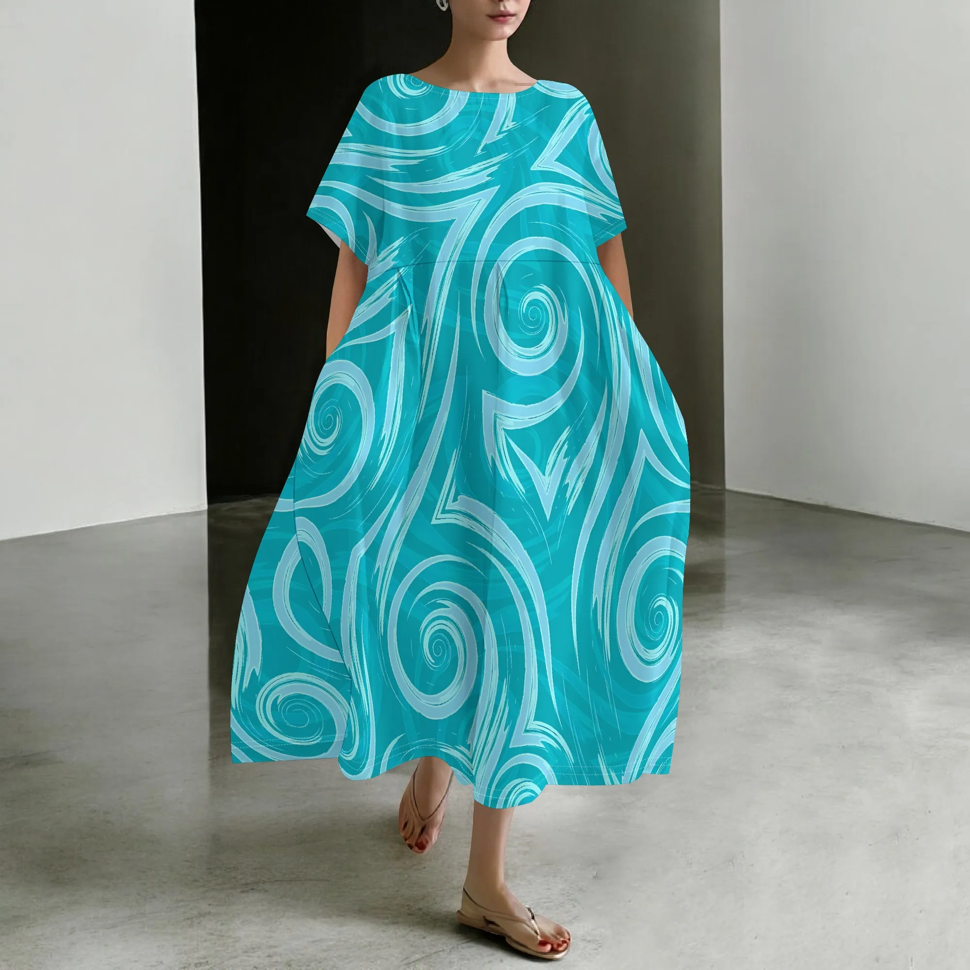 

Nupusa Swirl Print Dress for Women Standard Size Summer Casual Crew Neck Short Sleeve Midi Dress
