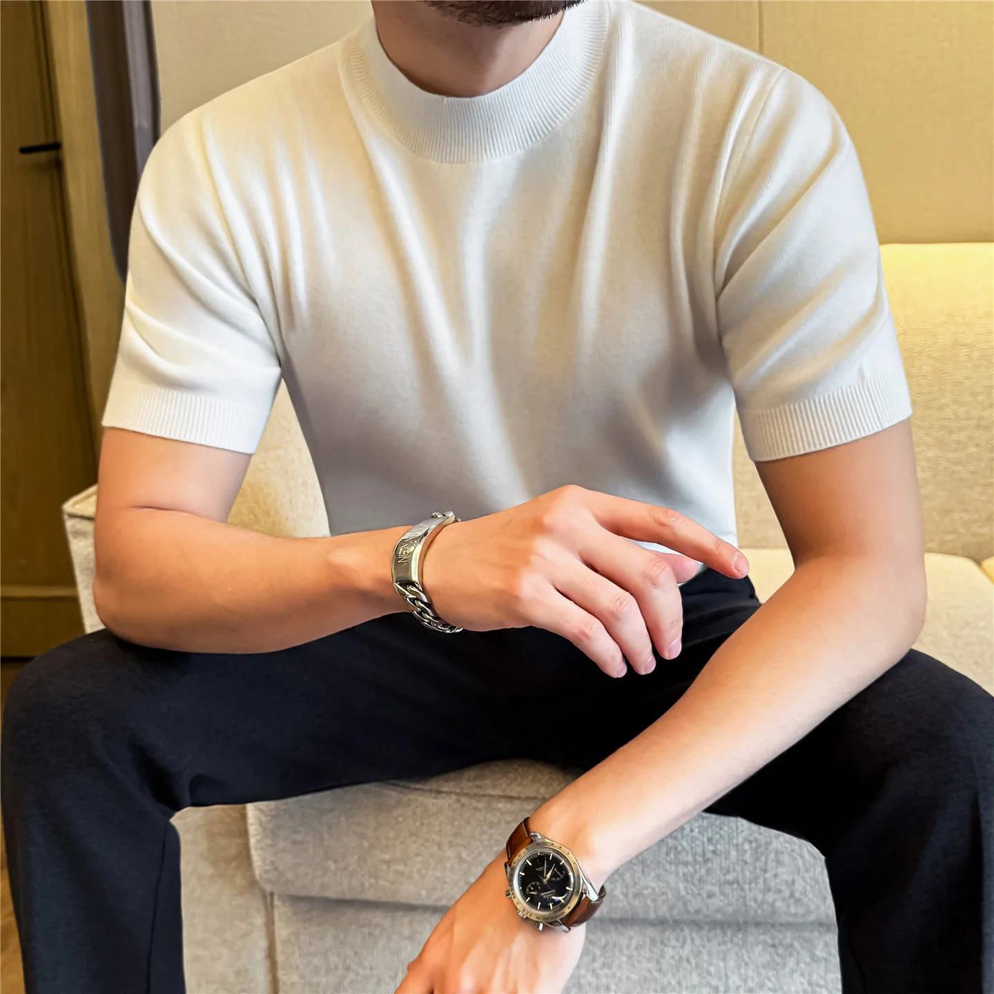 

Pull Homme High Quality Short Sleeve Wool Sweater Men Clothing Korean Luxury Plain Color Business Casual Men's Spring Sweaters