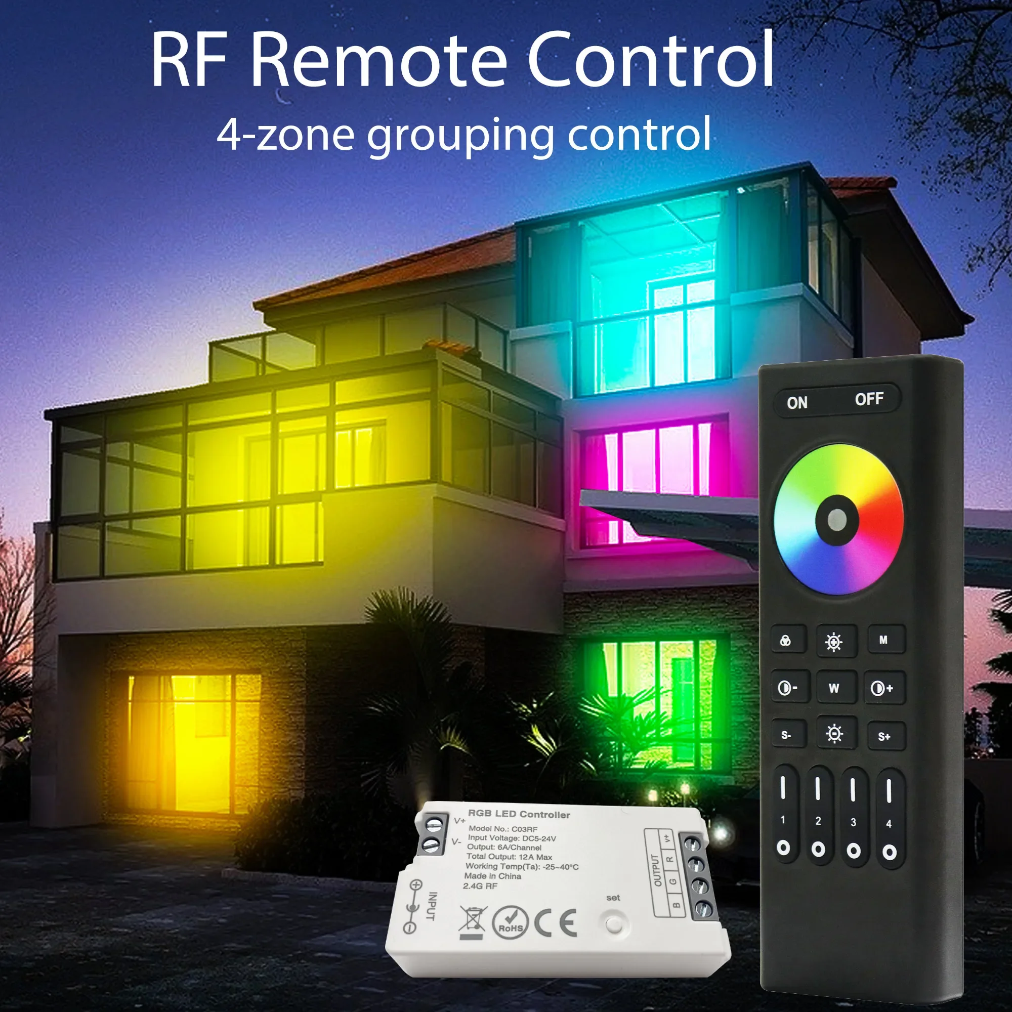 Controle remoto sem fio com COB RGB LED Lamp Controller, 4 zonas, RF 2.4G, DC 5 a 24V, RGB LED Dimming, 1% ~ 100% faixa de sinal, 30m