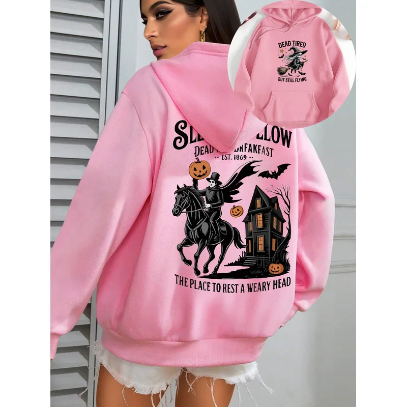 Women's Double-Sided Halloween Print Fleece Hoodie European and American Style Fashion Slim-Fit Top for Parties