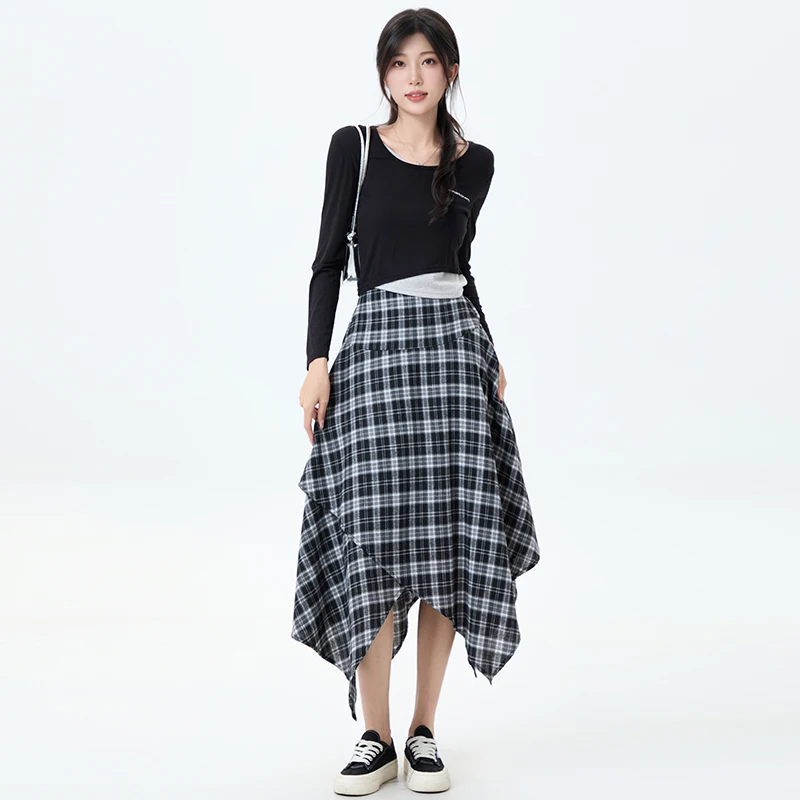 Y2k xadrez midi saia feminina coreano design irregular cintura alta uma linha guarda-chuva saia longa magro versátil outono