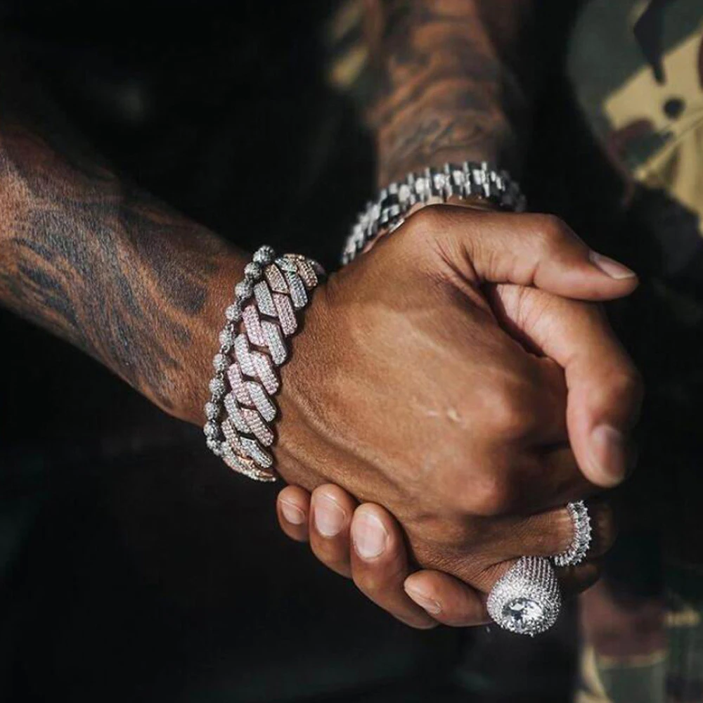 Iced Out Men Chain Bracelet With Large Big Clasp Paved 19mm Wide Cuban Chain Bracelet For Hip Hop Men Chain Wholesale Jewelry