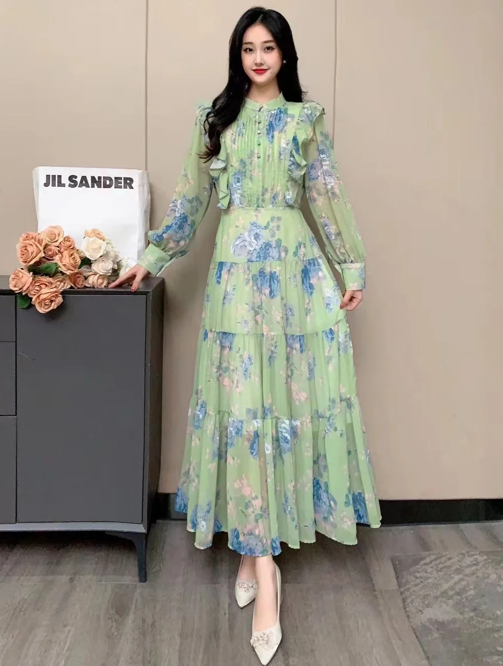 2024 New Spring Autumn Women Long Sleeve Slim Long Dress High Quality Sweet Ruffles Big Hem Chiffon Floral Dress 6 Colors