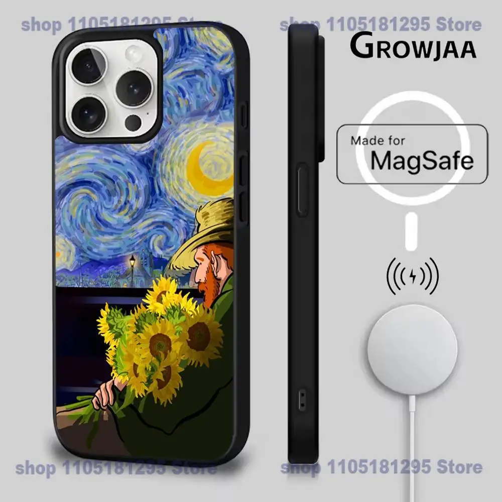 해바라기 아트 V-반 고흐 폰 케이스 아이폰 17,16,15,14,13,12,11,프로,맥스,플러스,미니,SE4,E용 마그네틱 맥세이프 무선 충전
