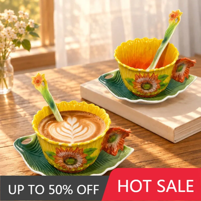Sunflower Embossed Ceramic Coffee Cup And Saucer Exquisite Afternoon Tea Coffee Cup Home Flower Shaped Breakfast Milk Mug Gifts