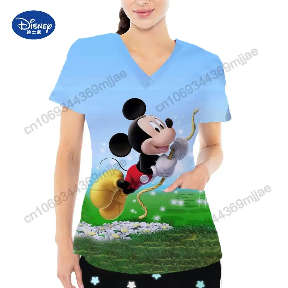 Pocket Nurse Uniform Short Sleeve Summer Women's T-shirt Disney Cartoon Women's V-neck Women's Fashion and Comfortable T-shirt