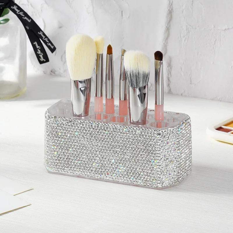 

26 Holes Rhinestone Accented Makeup Brush Storage Box Acrylic Pencil Eyebrow Eyeliner Loose Powder Brushes Cosmetic Organizer