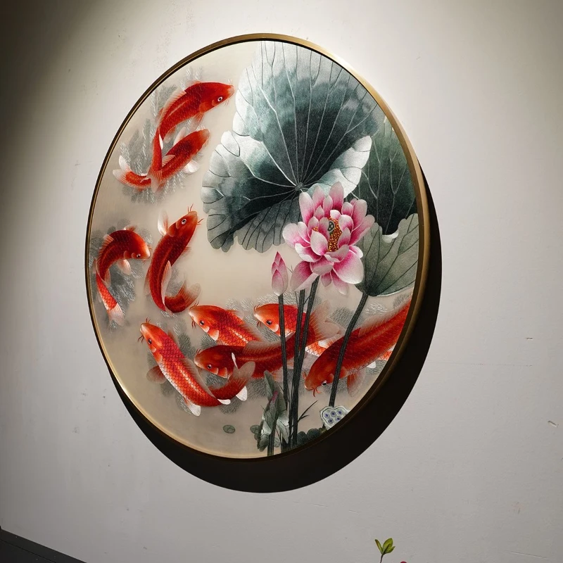 

Pure hand-embroidered lotus flower nine fish finished product hanging painting entrance living room high-end decorative painting