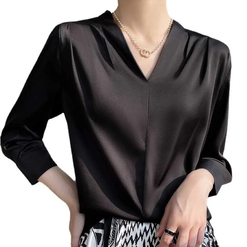 Sommer Damen Seidensatin V-Ne T-Shirt Long Sve Desert Sle Slim Fit irt Polyester Stoff Nine Points Sve Top