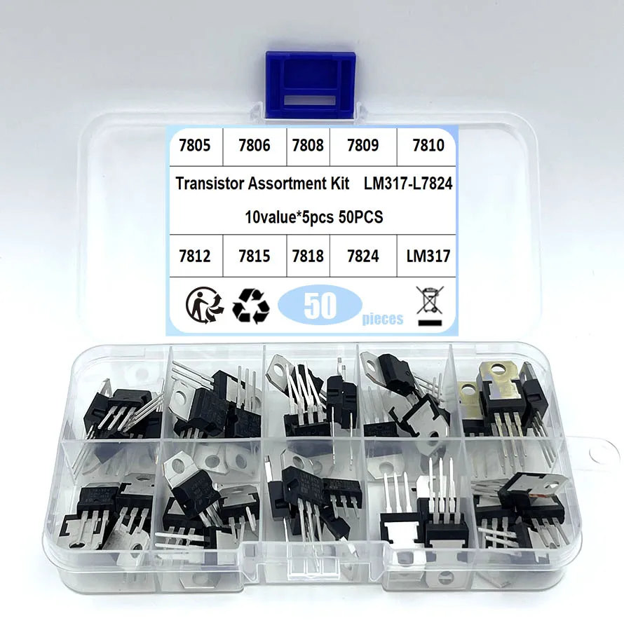 LM317T L7805 L7806 L7808 L7809 L7810 L7812 L7815 L7818 L7824 Transistor Assortment Kit 10value*5pcs 50PCS Voltage Regulator Box