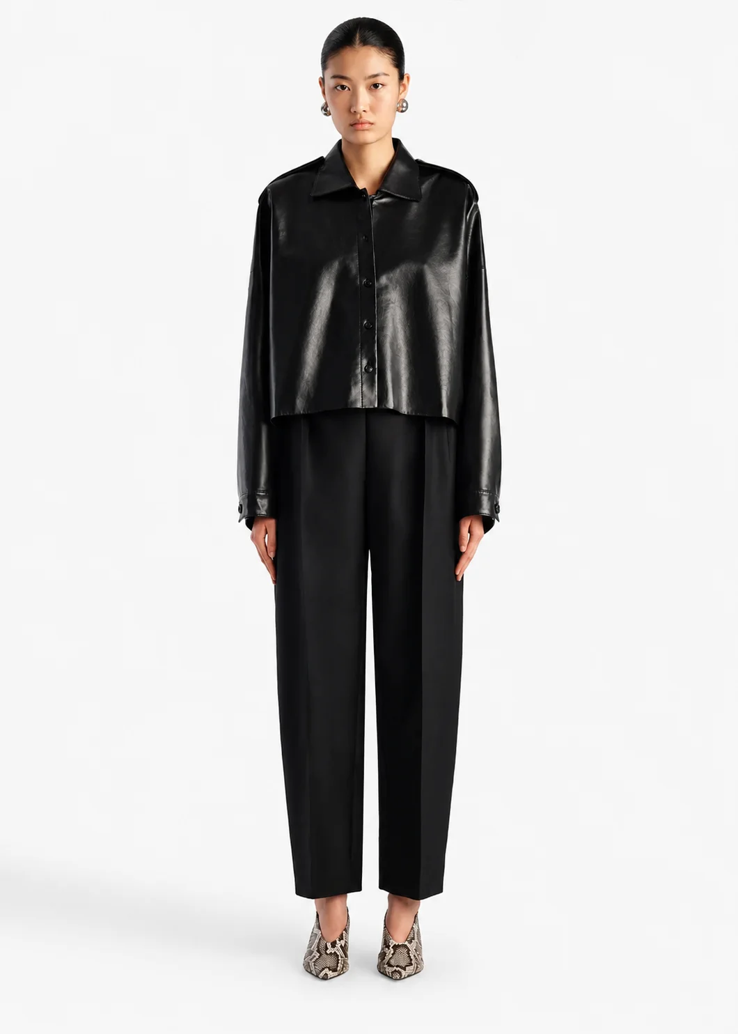 Modern Black Cropped Leather Shirt Jacket with Drop Shoulder and Button Front