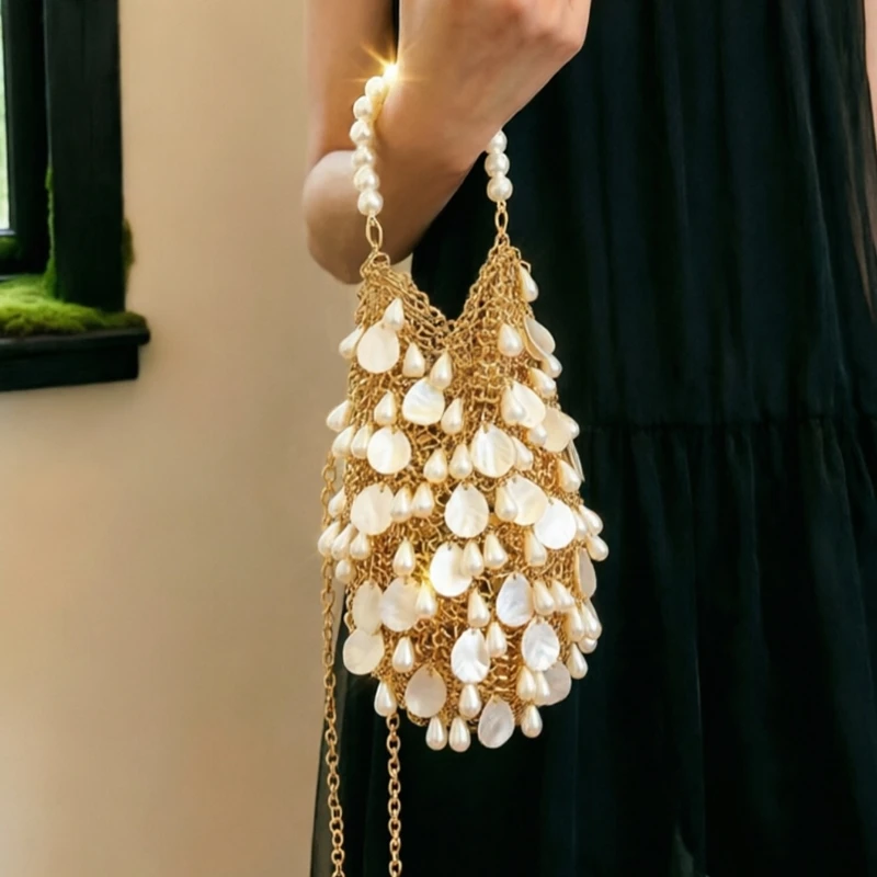 Handmade Woven Natural Shell Pieces Tassel Chain Drop Bag with A Metallic Featuring A Hollow Slanted Crossbody and Handbag.