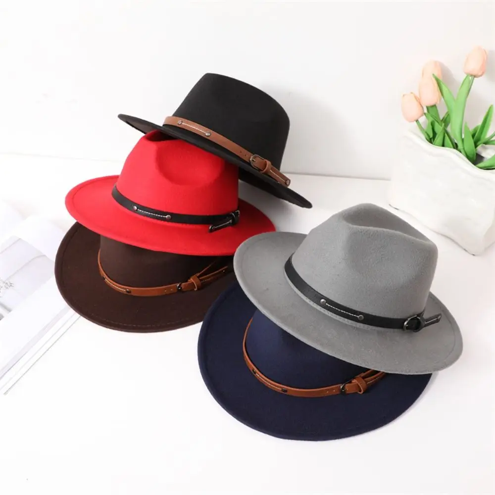 Fashion With Belt Buckle Felt Fedora Hats Wide Brim Vintage Jazz Hat Soft Elegant Panama Cap Men Women