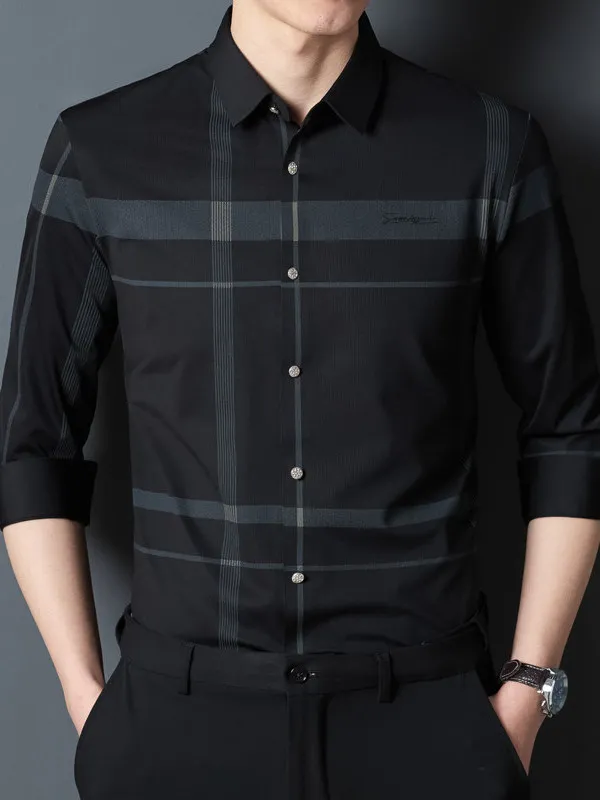 

Busin Casual Long Sve irt Men's No Ironing High Elastici Sl Heat Pred Plaid Stripe Square Collar irt