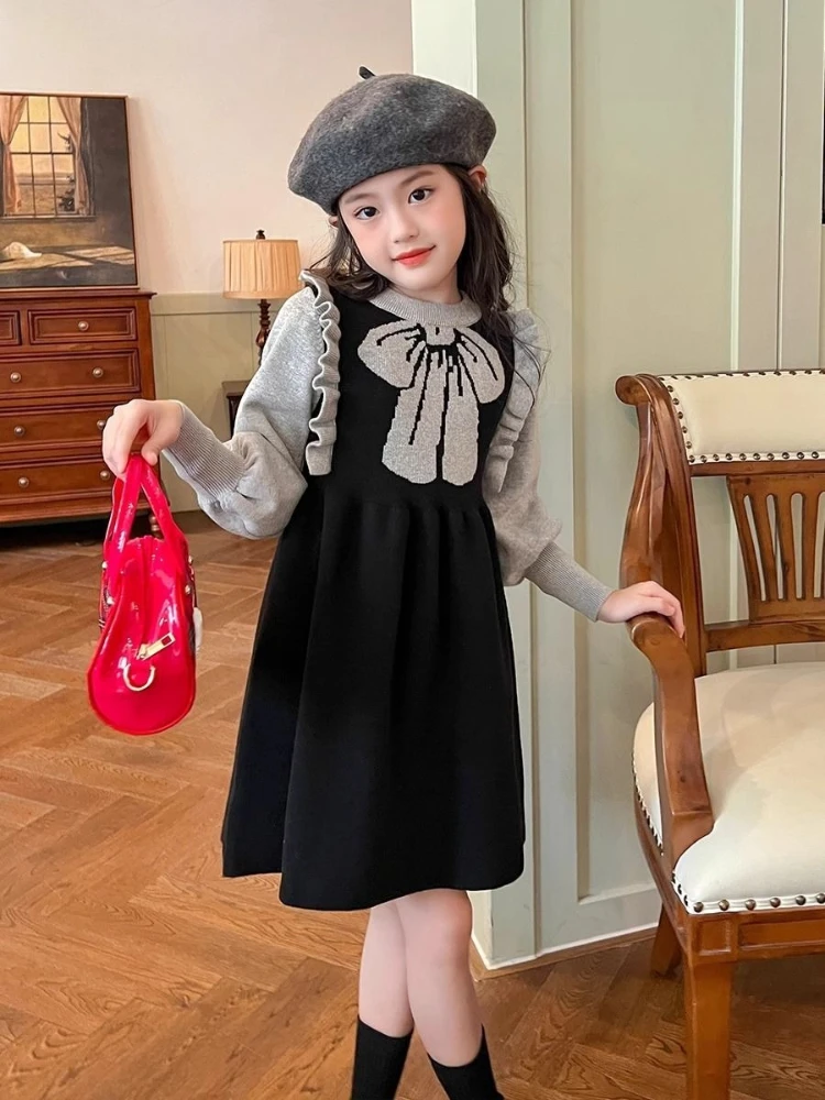 2026 Autumn Winter Girls Knitted Dress Korean Style Bow Knot Princess Dress Toddler Baby Clothing