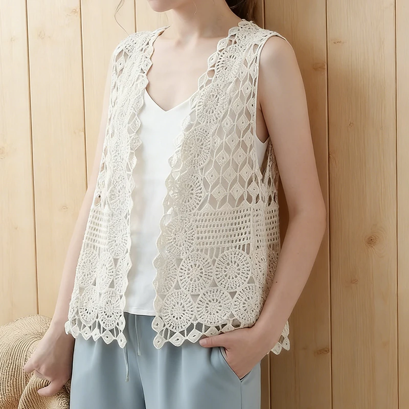 Crochet Vests Women Sleeveless Hollow-Out Open-up Lace Top Open-stitch Knit Waistcoat Spring Summer 2026 Bohemian Vintage