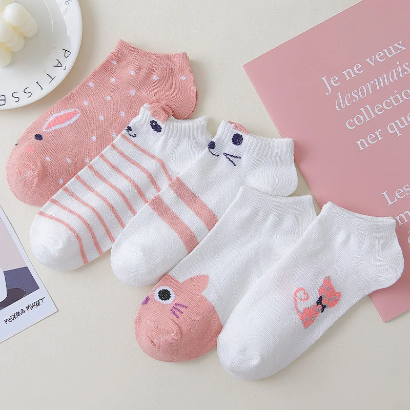 

5 Pairs Womens Socks Kitty Crew Short Socks Creative Printing Socks Cartoon Cute Kitten Ankle Sock