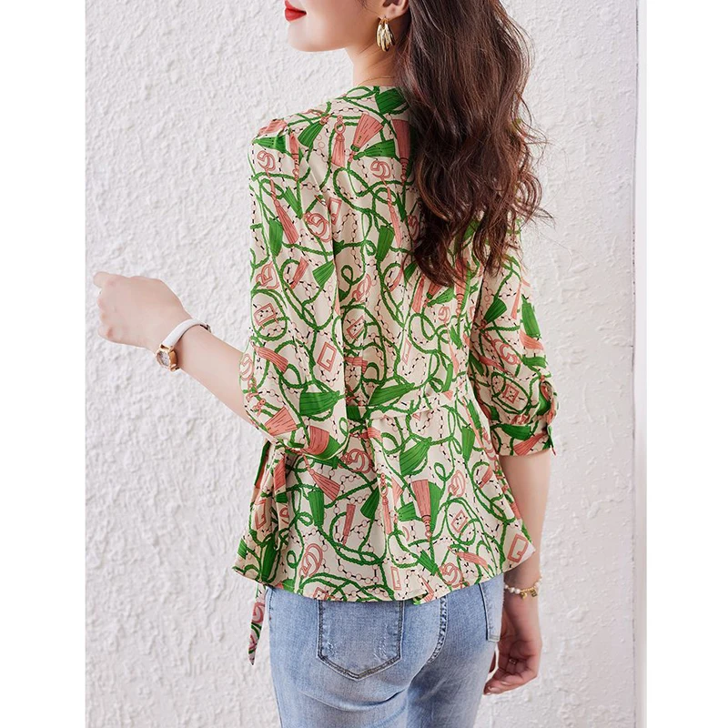 Women Summer Clothing 2023 New Korean Fashion Print Lace Up Elegant Blouses Casual V Neck 3/4 Sleeve Shirts Chic Slim Tops Blusa