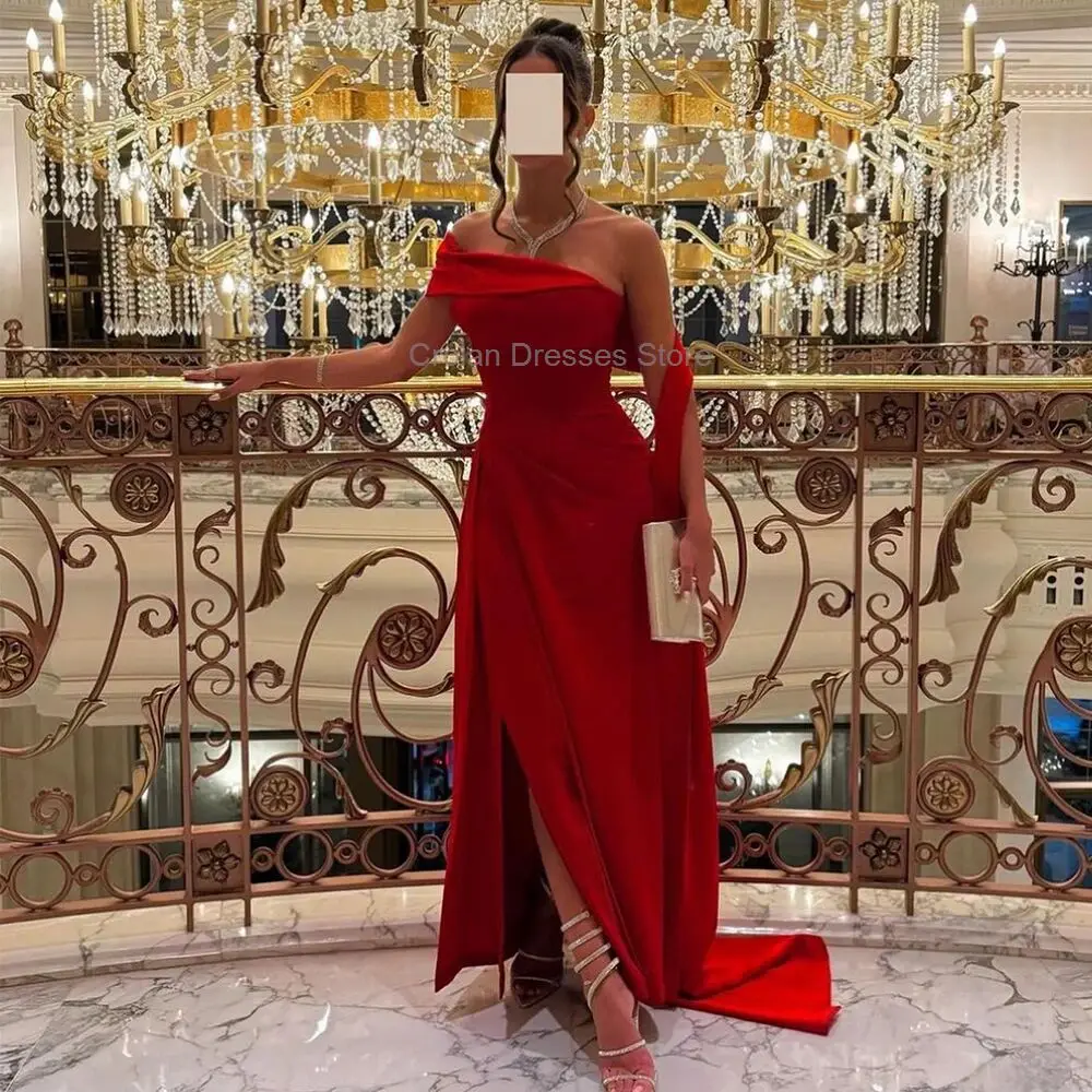 Red Satin Formal Evening Dress Sexy Off the Shoulder Pleats Side Split Prom Dress Ankle Length Celebrity Dresses Saudi Arabia