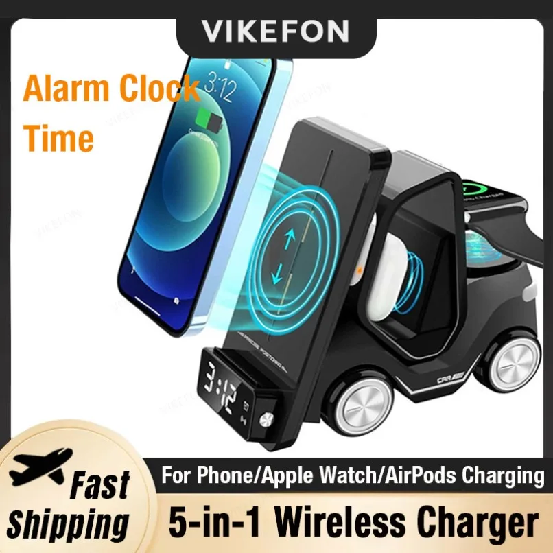 

5-in-1 Wireless Charger Alarm Clock Time For iPhone 16 15 14 13 12 Pro Max Apple Watch 10 9 8 7 6 AirPods Pro Fast Charging Dock