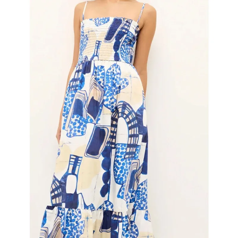 Vestido plisado con tirantes de verano, vestido informal de cintura alta sin mangas para playa, vestidos largos con estampado de patrón azul y hombros descubiertos, vestido Bohe