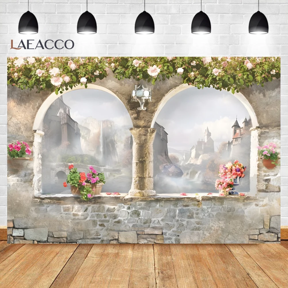 الربيع الزهور حديقة الخلفية ، قوس حجر الزفاف ، نافذة القلاع ديكور ، خلفية التصوير الفوتوغرافي ، الاطفال صورة التصوير الفوتوغرافي راية