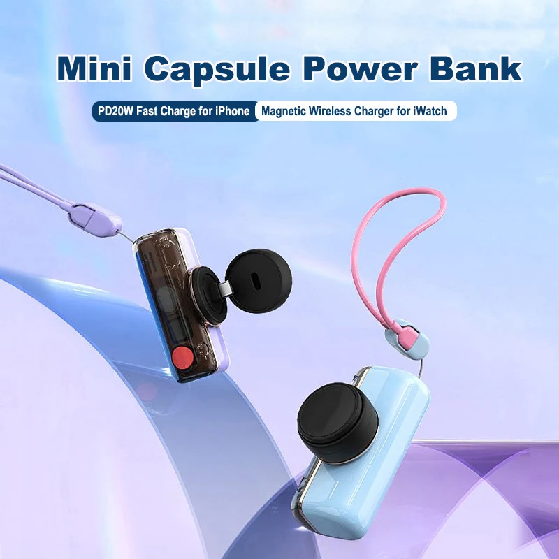 بنك طاقة صغير مع USB خفيف C PD 20 وات شحن سريع لهاتف iPhone 17 16 15 شاحن لاسلكي مغناطيسي لساعة iWatch Apple 9 8 7