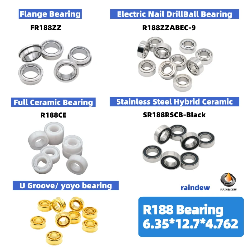 2/10Pcs R188 6.35x12.7x4.762mm Yoyo Bearing Flanged Hybrid/Full Ceramic Stainless Steel Gold CNC Polished Unresponsive