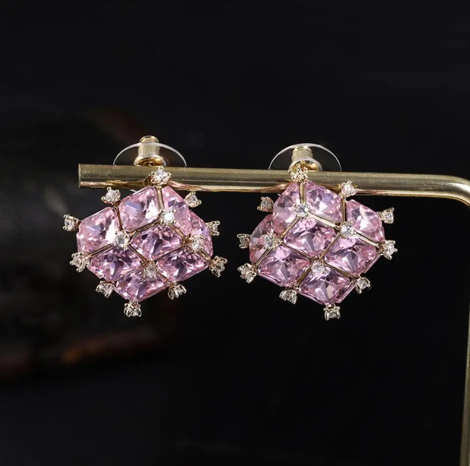 Square green rhinestone earrings translucent crystal retro court elegant women gift-box shape vintage stud earring