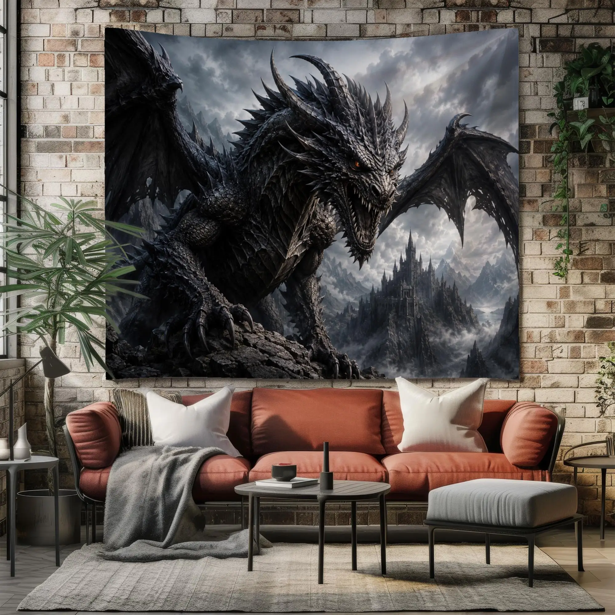 Epic Fantasy Dragon Cave Scene Wall Tapestry for Living Room Bedroom Gothic Decor Art Print