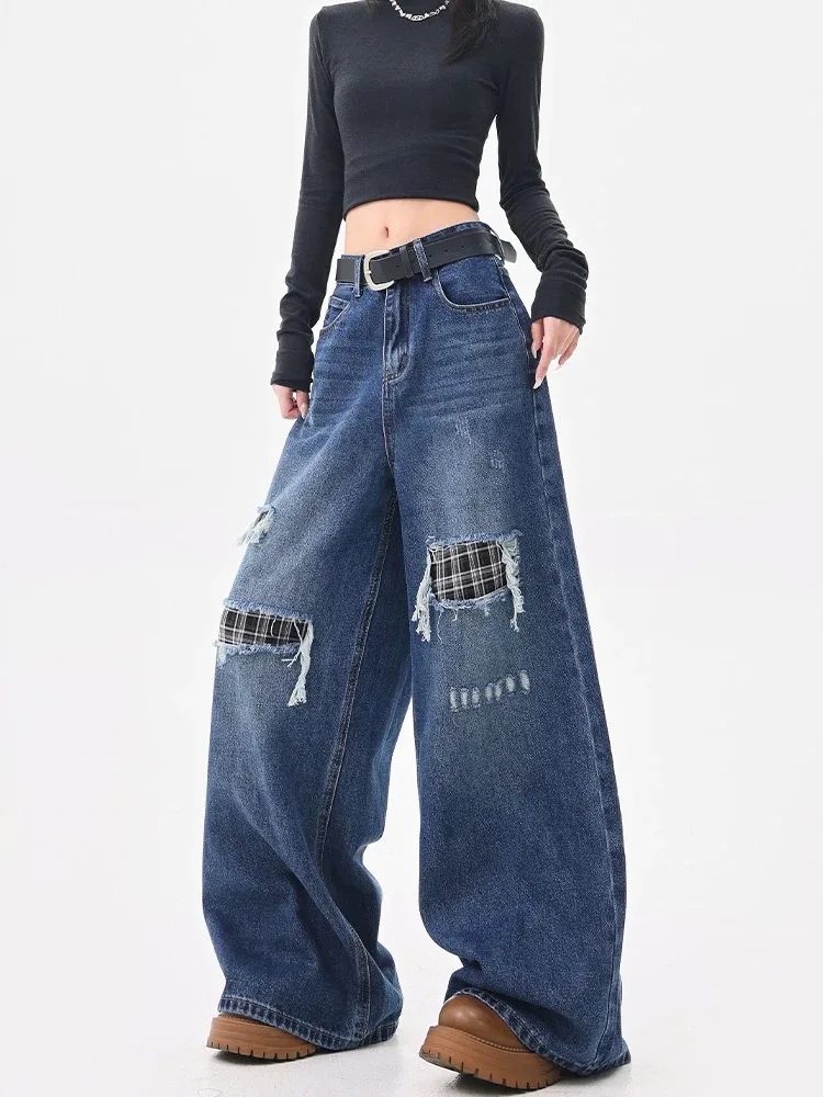 Mulheres y2k americano streetwear calças retalhos rasgado denim cintura alta em linha reta calças de perna larga outono novo estilo