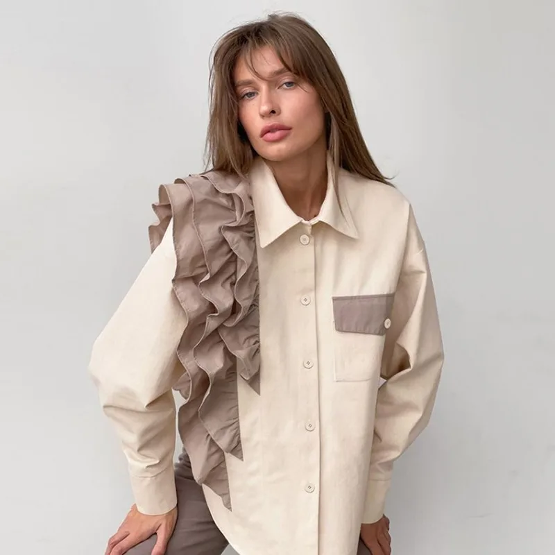 

Elegant Vintage Lapel Neck Ruffles Patchwork Blouses 2025 Early Autumn New Casual Shirt Women Loose Long Sleeve Blusas Mujer