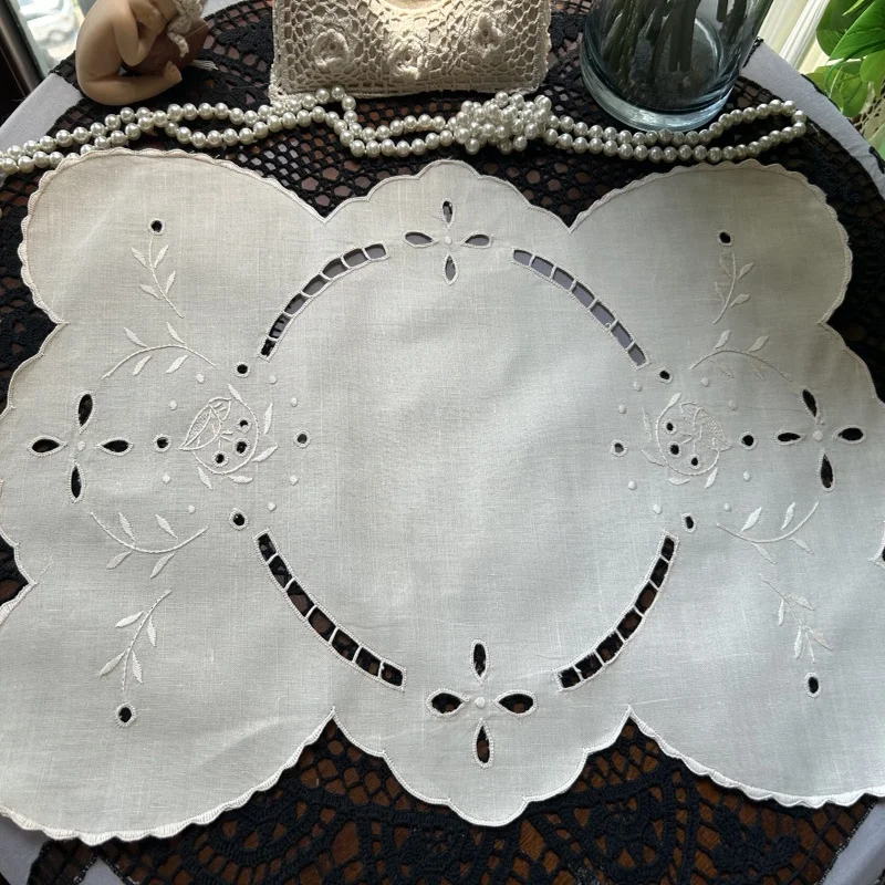 2 peças toalha de mesa bordada à mão de algodão e linho bege, toalha de chá e lenço decorativo