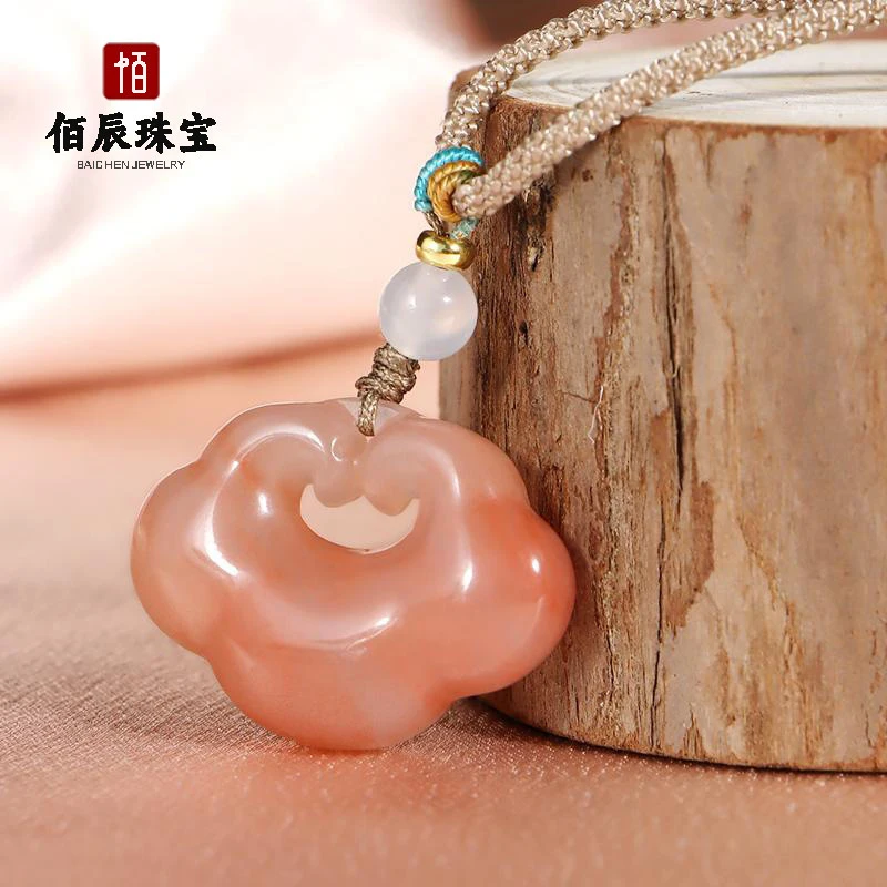 Natural golden silk peach blossom with auspicious cloud design, pink peace lock jade pendant, DIY accessory