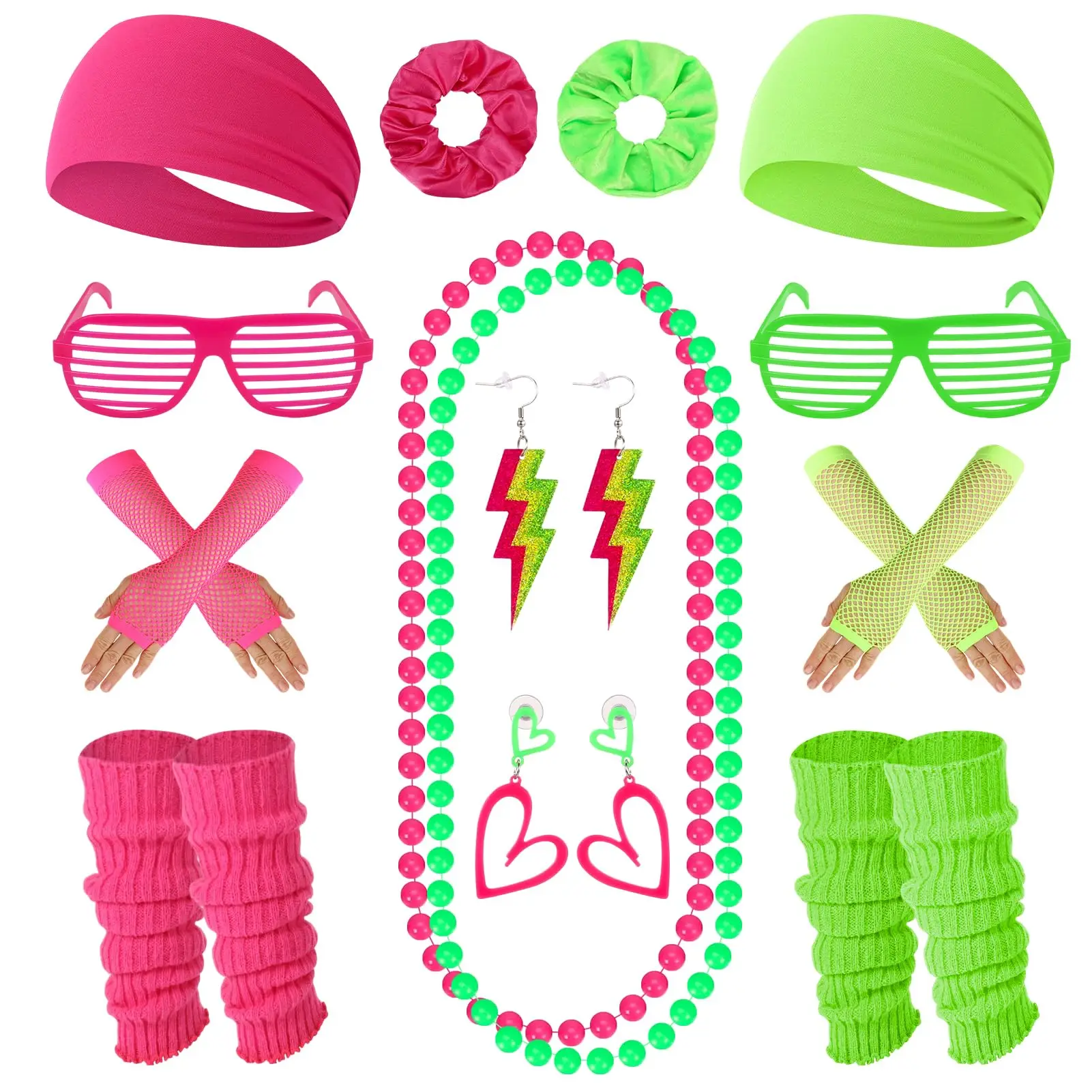 2 Set 80s 90s Neon Costume Accessories for Women 1980s Neon Headbands Earrings Scrunchies Leg Warmers Party Outfit Set for 80s 9