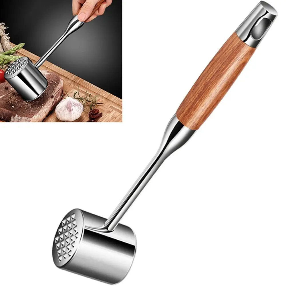 

Stainless Steel Meat Mallet Hammer Double-side Hanging Hole Kitchen Beef Hitting Tool Wooden Handle non-slip