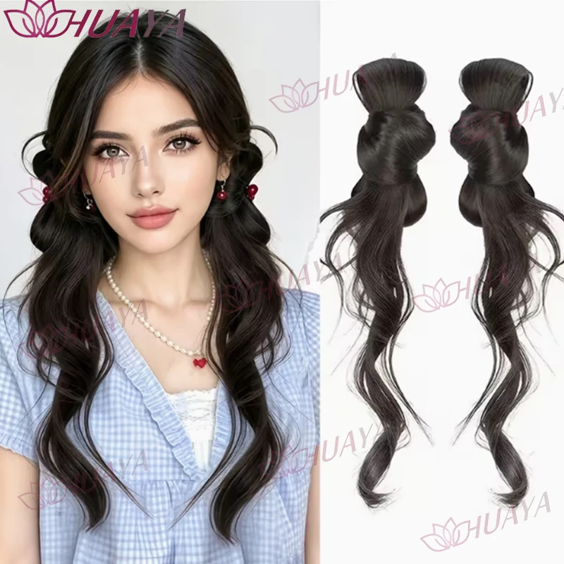 Bow Knot Claw Clip Double Ponytail Wig Long Wavy Synthetic Hair Extensions Lazy One Step Hair Pieces for Women Daily Dating Y2K