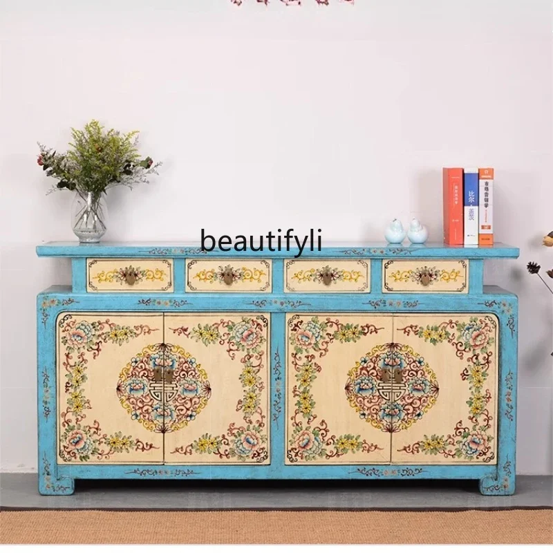 

ss8350 Chinese solid wood furniture custom hand-painted dining side entrance cabinet antique and old warped head cabinet