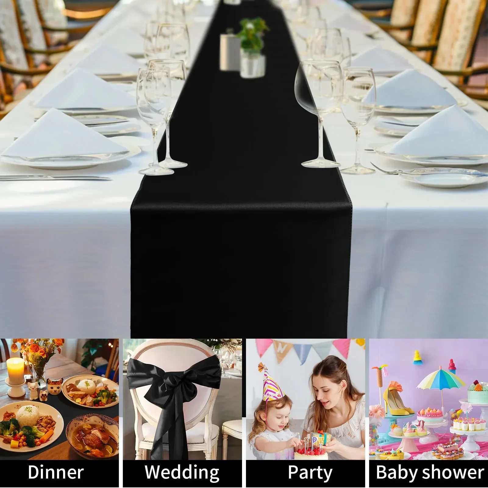 10 Pack Satin Table Runner 12 x 108 Inches Long Gold Black Fabric for Thanksgiving Christmas Wedding Birthday Party Table Decor