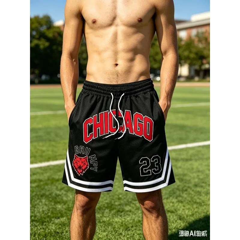 Men Color Block Chicago and Letter Print Shorts Drawstring Waist Summer Street Fashion Kid Summer Oversized Daily Streetwear