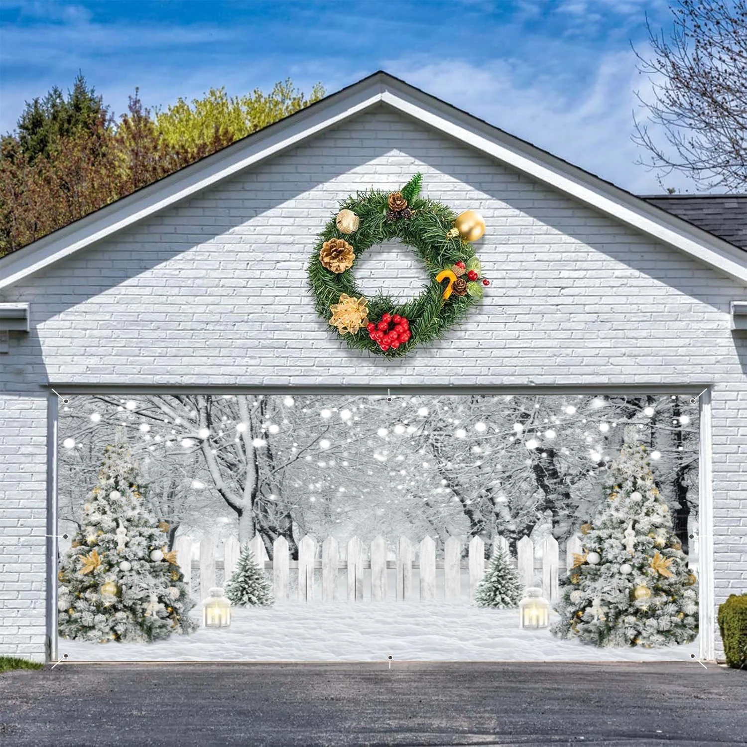 겨울 눈 울타리 차고 배너 크리스마스 눈사람 거리 조명, 크리스마스 나무 차고 벽 장식, 마당 대형 배경 후크 포함
