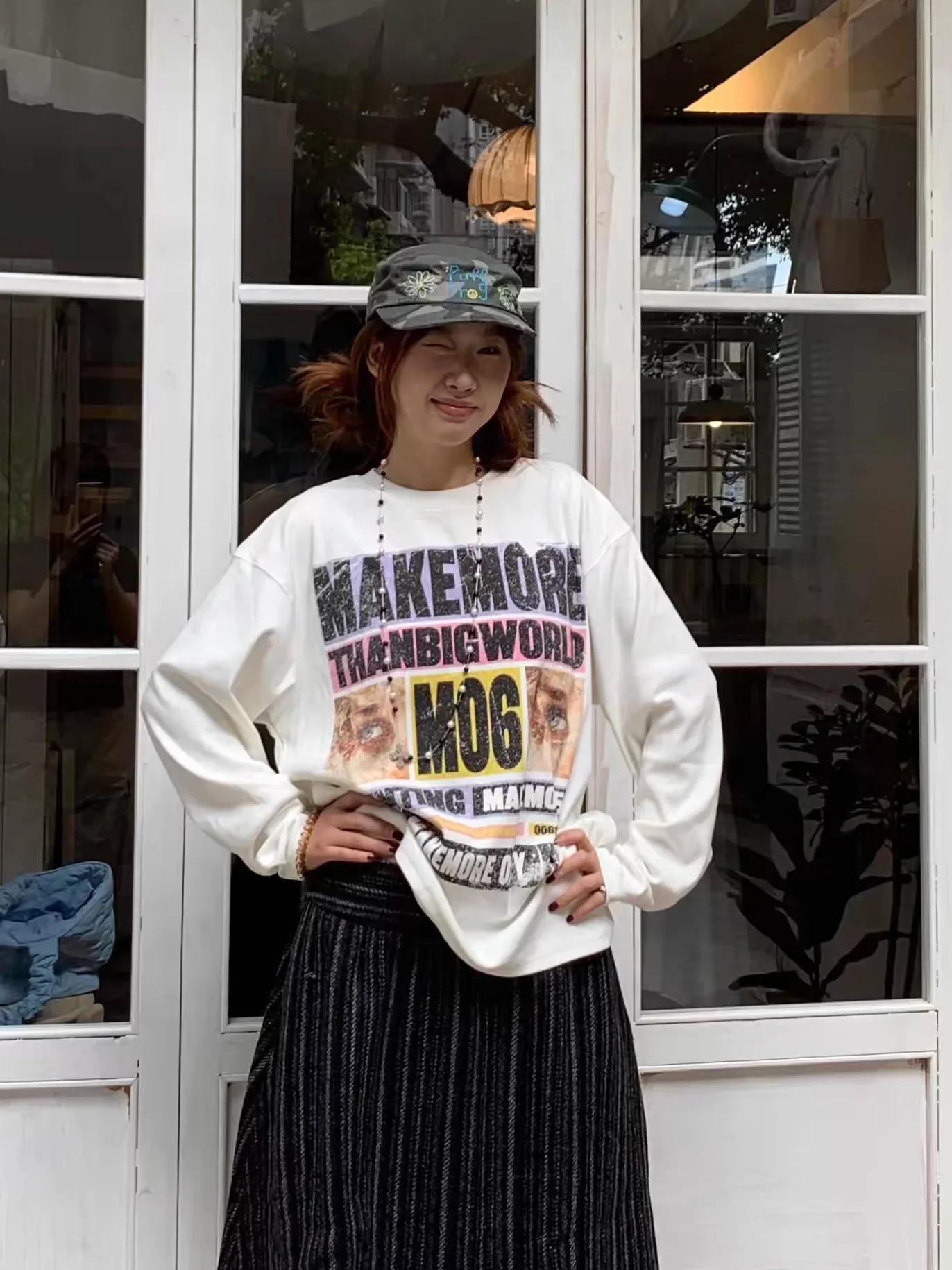 Bequemes langes Sve-Baumwoll-T-Shirt für Damen, lockere Passform, amerikanisches SLE-Retro-Portrait, Sterndruck, vielseitiges Freizeit-Top