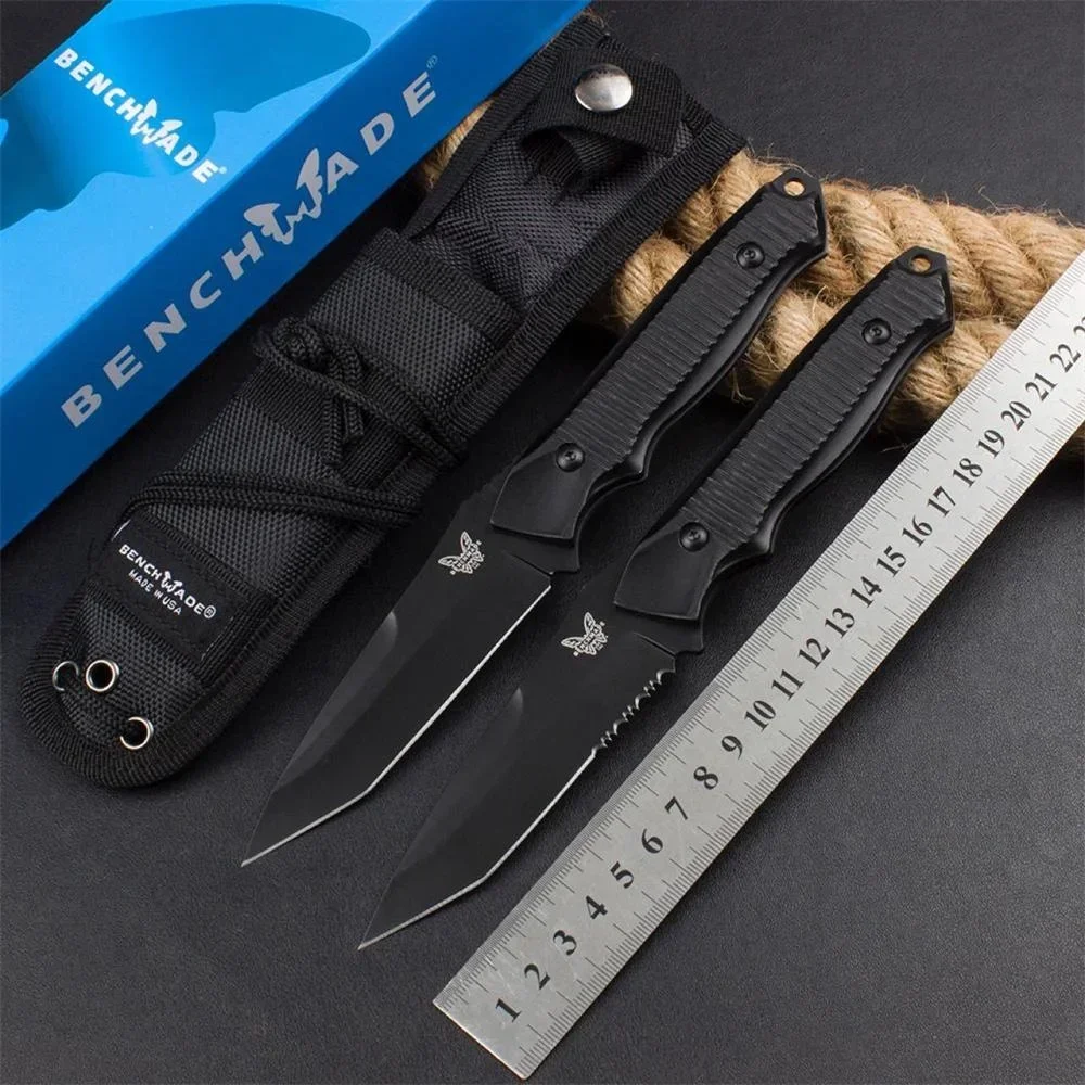 Couteaux de poche multi-outils BM 140Bk, lame 58-59HRC, manche en alliage d'aluminium, couteau tactique à lame fixe noir/kaki avec gaine en Nylon