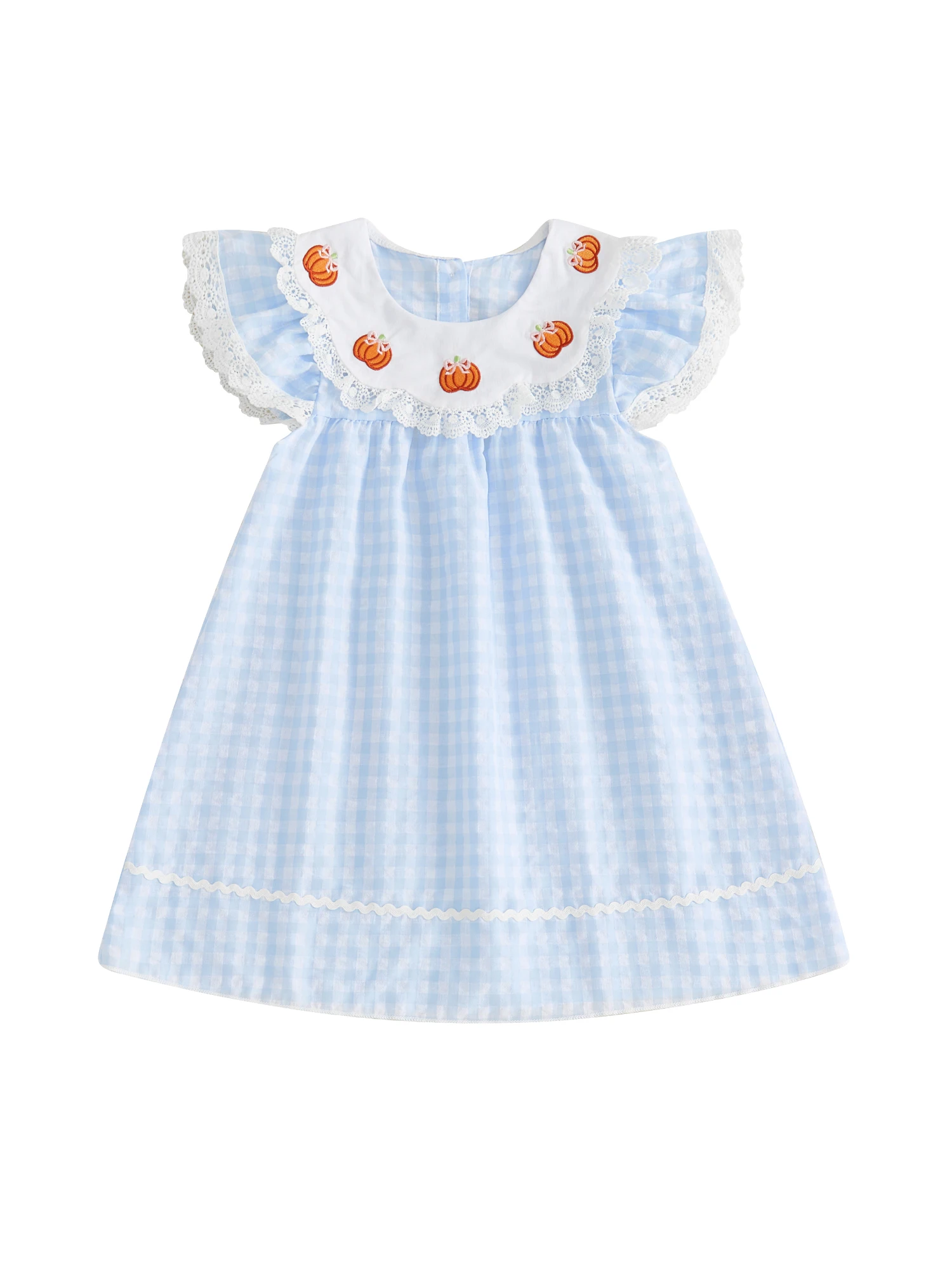 1-6 Jahre Kleinkind Mädchen Halloween-Kleid Niedliches Kürbis-Stickerei Flügelärmel Rundhals Kariertes Spitzenkleid Kostüm – Detail 5