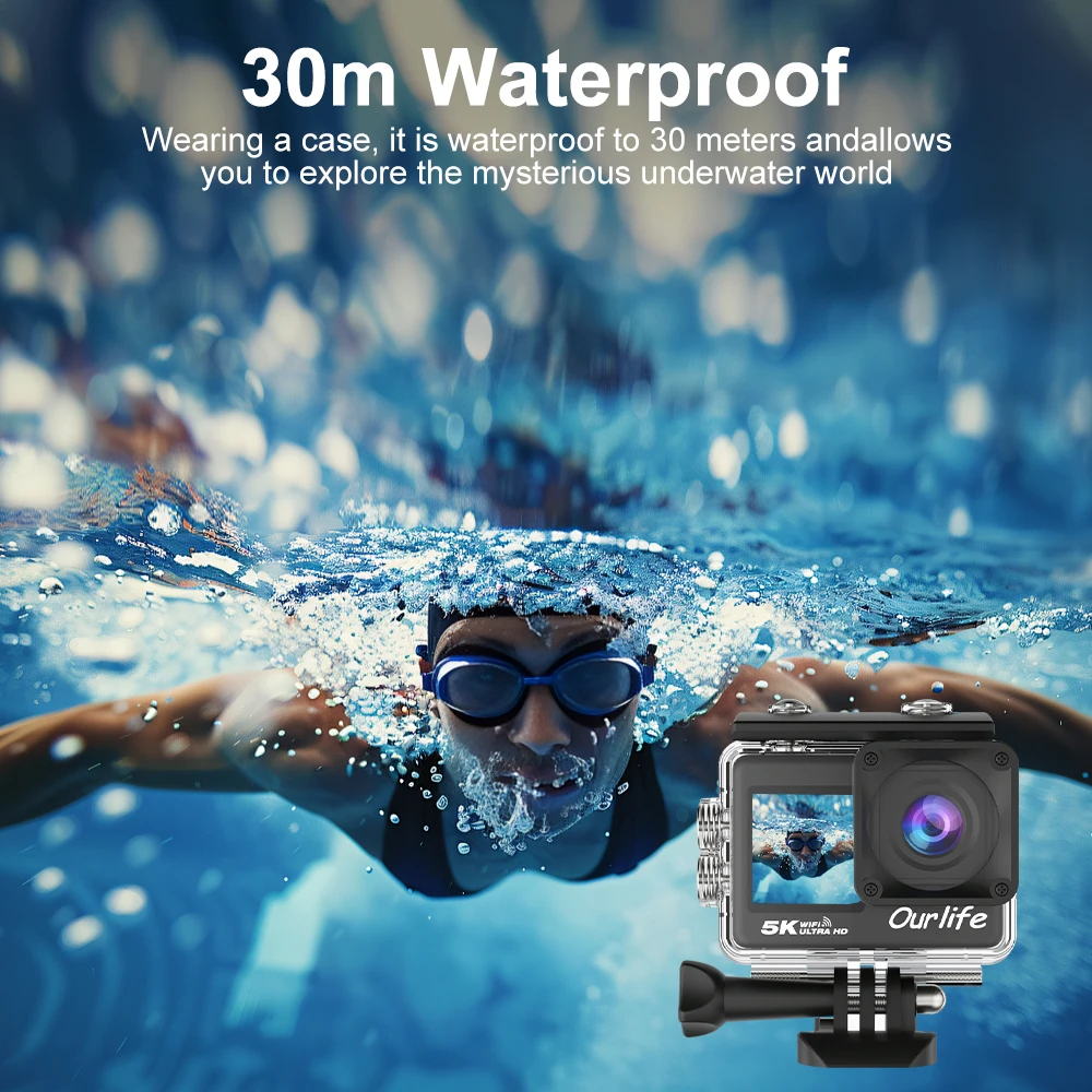 كاميرا Ourlife 5K30FPS Action مقاس 2.0 بوصة تعمل باللمس LCD 170 °   كاميرا رياضية DVR 30M مقاومة للماء وجهاز تحكم عن بعد 5X Zoom Helmet WiFi 4K60FPS