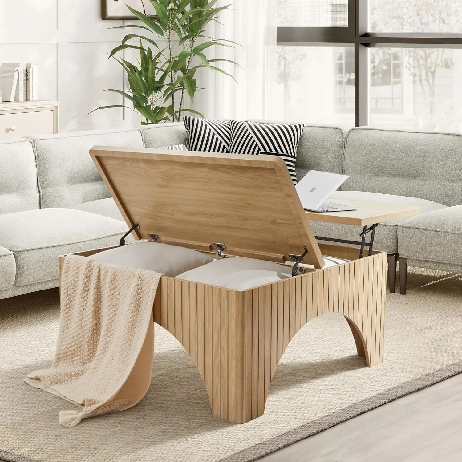 

39'' Square Coffee Table With Storage, Farmhouse Lift Top Coffee Table For Living Room Fluted Wood Center Table Arched Dining