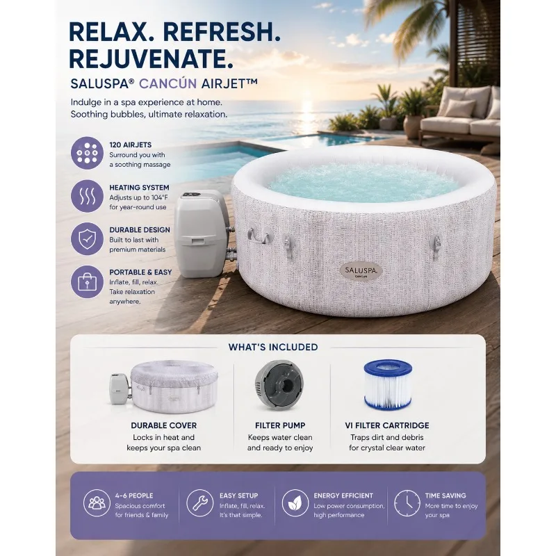 Bestway SaluSpa Cancun Round Inflatable Hot Tub,2-4 Person Outdoor Spa with 120 AirJets, Energy-Efficient Construction,71