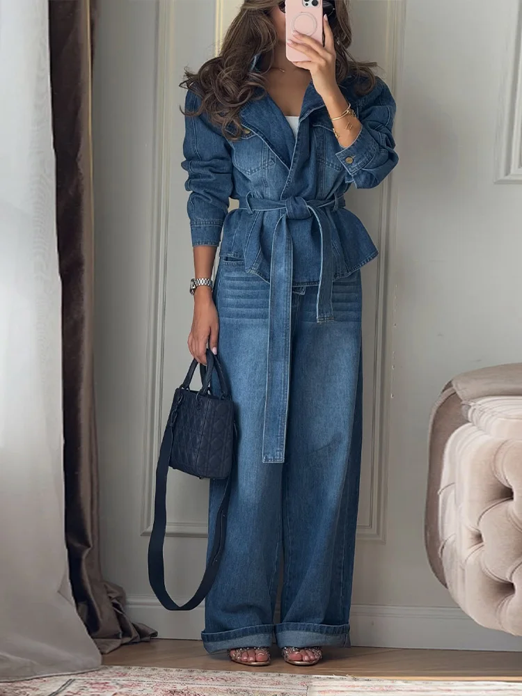 Vintage Denim Women's Coat Trouser Suits Long Sleeve Lace-Up Lapel Wide Leg Pants Lady Set 2026 Autumn Chic Female Outfits New