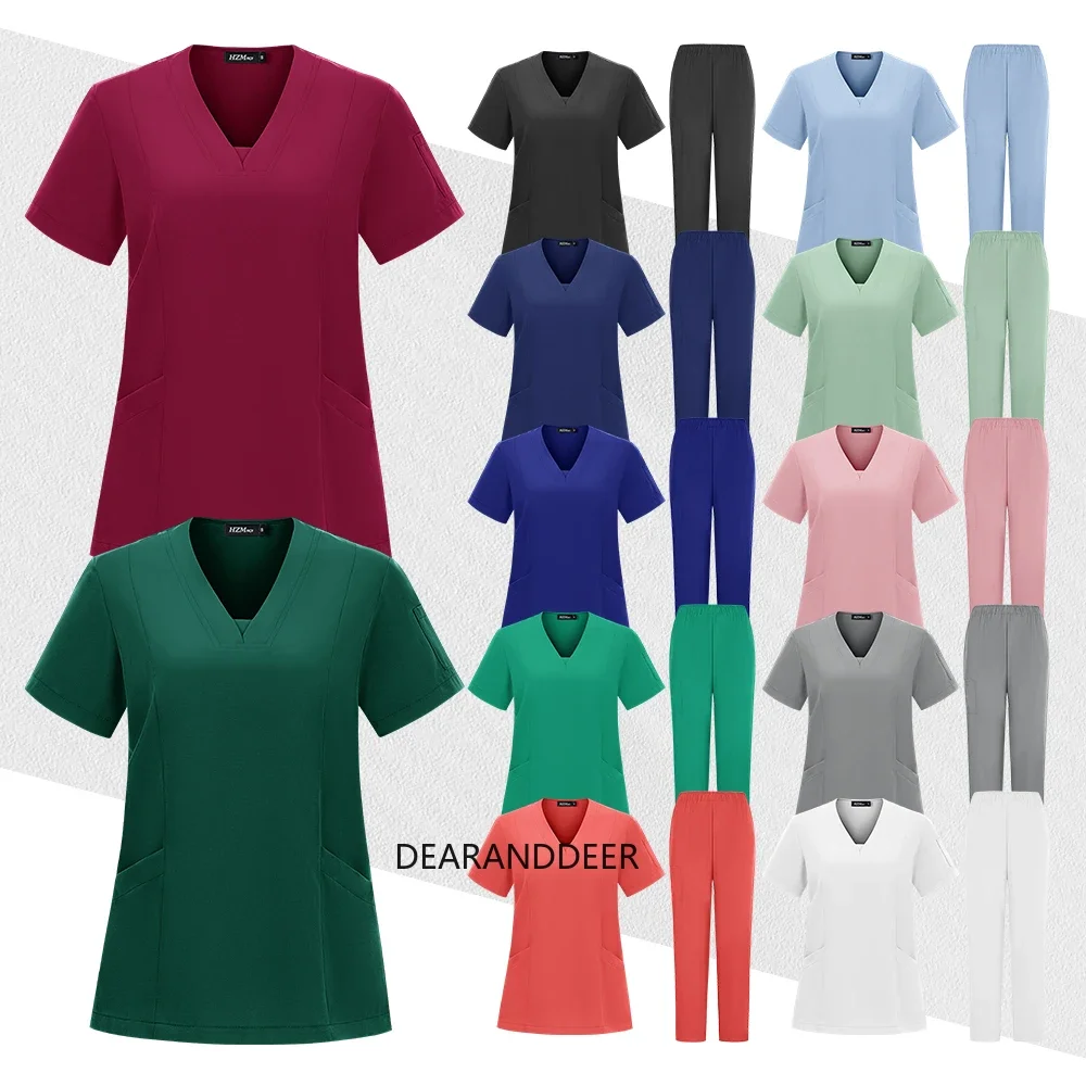 Hospital surgical gown pure color women's short-sleeved top + pants pet shop nursing home nursing doctor medical care work set